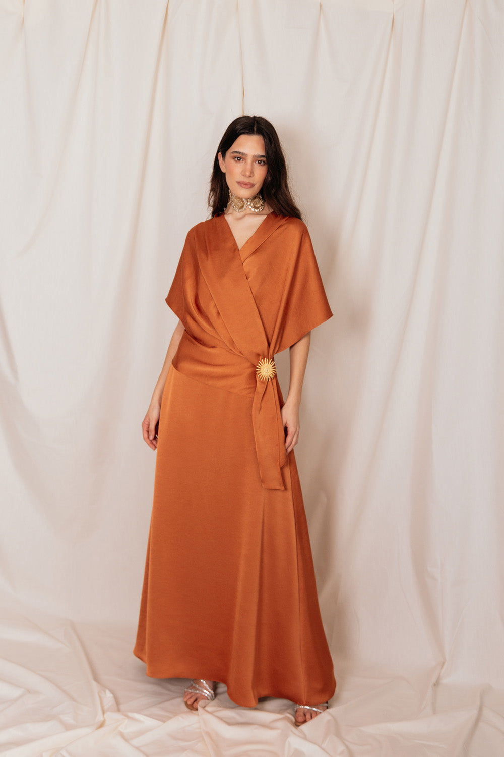 burnt orange wrap dress Florence Waterfall Dress in Burnt Orange Satin